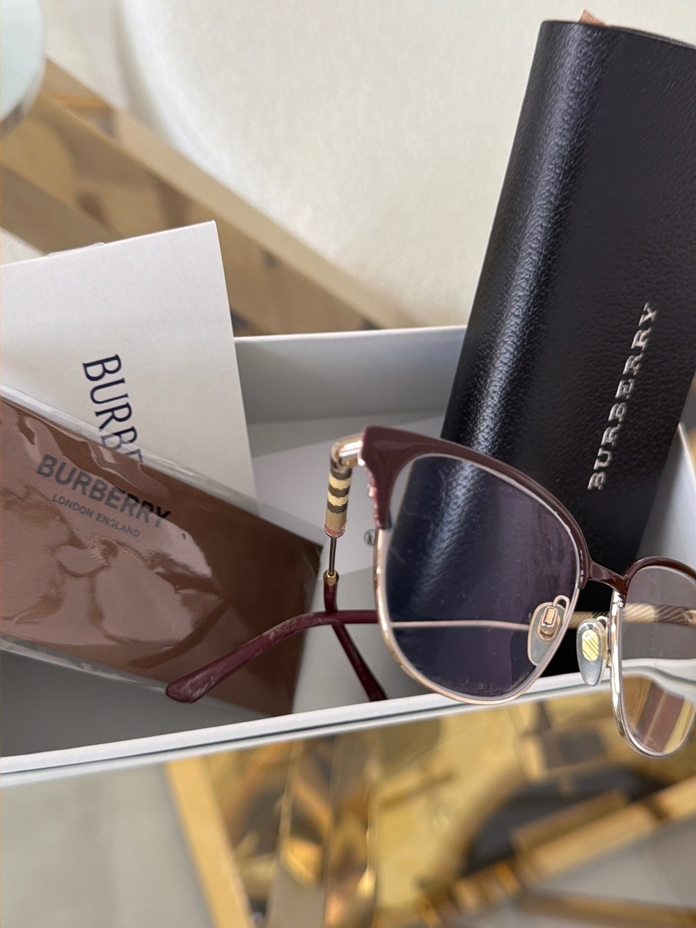 Burberry Women's Dark Burgundy Cat-Eye Sunglasses with Gold Accents